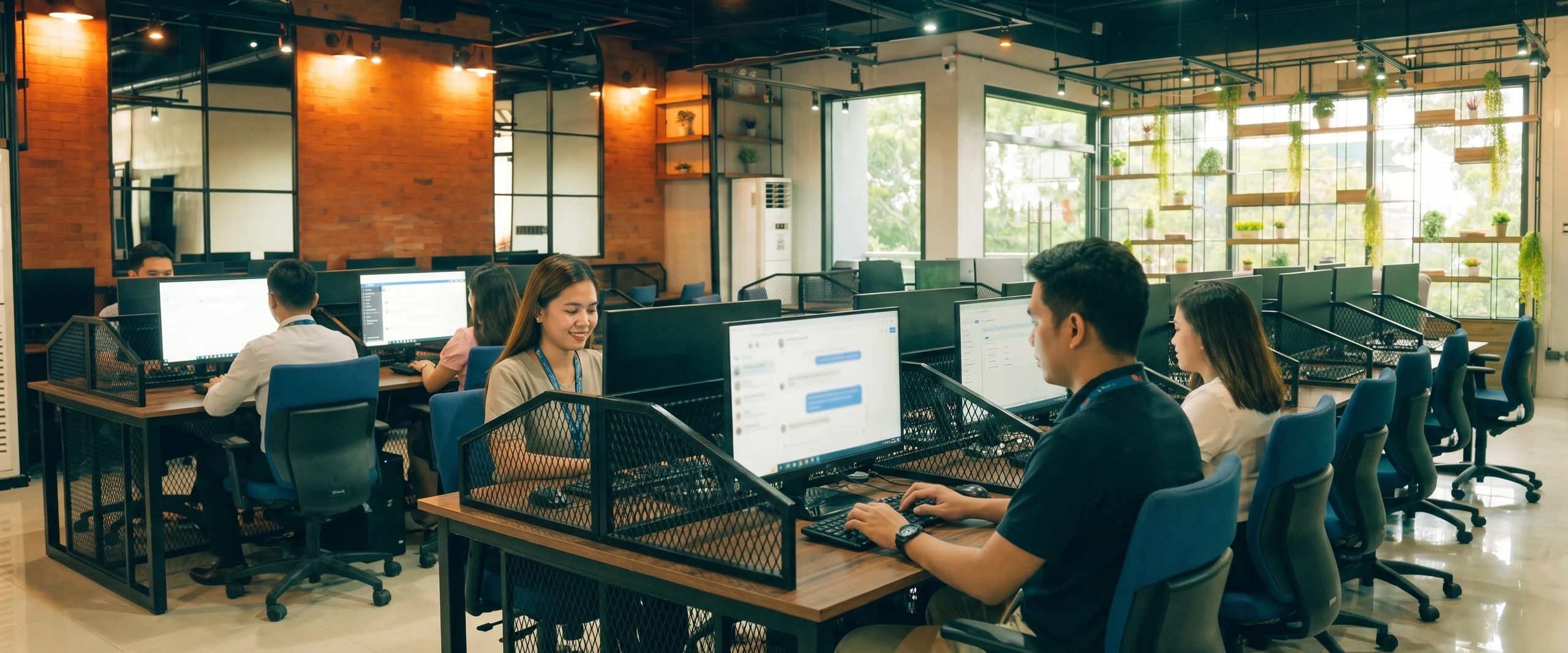 Two chat agents typing replies side by side in a Naga City office