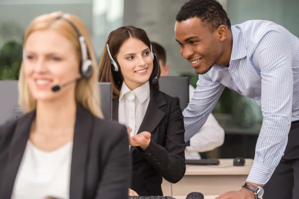 call center employees talking