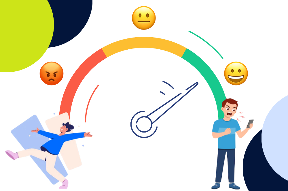 Illustration of a meter with an arrow pointing towards the happy emoji. An angry person is depicted near the red zone, while a content person with a phone is near the green zone, highlighting call center statistics.