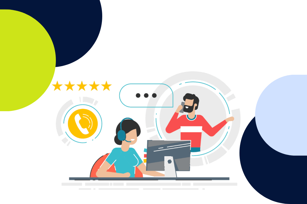 Illustration of a customer service representative at a computer wearing a headset, engaging with a customer via phone. Speech bubbles and a five-star rating are displayed, highlighting call center statistics.