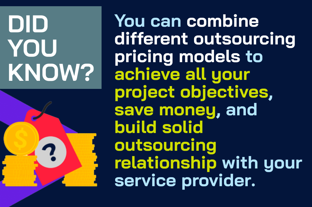 Infographic about outsourcing benefits, highlighting cost savings and building strong service provider relationships. Includes a price tag and coins graphic to illustrate different outsourcing pricing models.