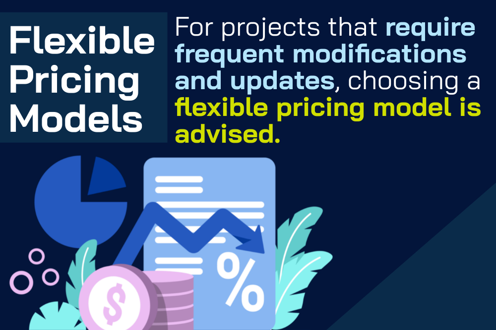 The text in the image explores different outsourcing pricing models, highlighting their effectiveness for projects that require frequent updates. Accompanied by icons of a pie chart, graph, and coins, it emphasizes the flexibility these models bring to diverse project needs.