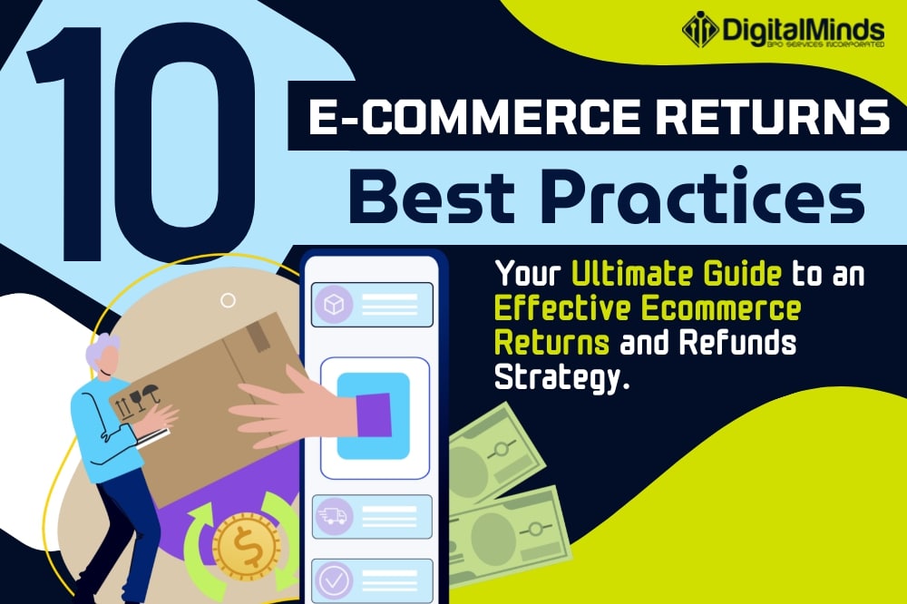 Promotional graphic titled "10 E-Commerce Returns Best Practices," showcasing a person holding a box, alongside symbols of money and a smartphone, all under the DigitalMinds logo.