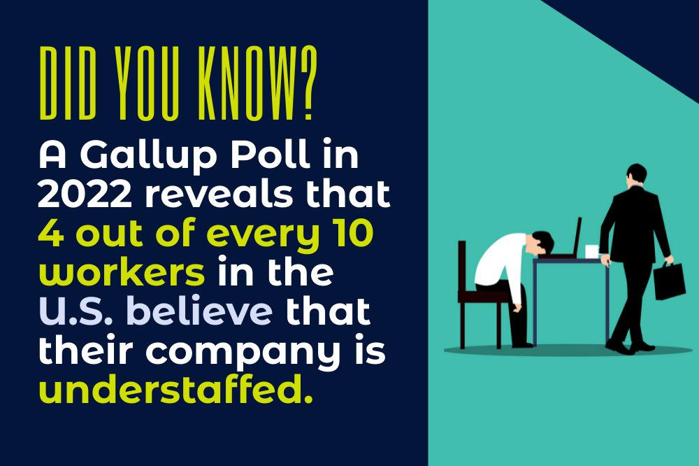 The graphic with text: "A Gallup Poll in 2022 reveals that 4 out of every 10 workers in the U.S. believe their company is understaffed." highlights an illustration of a tired worker at a desk, emphasizing the potential benefits of outsourcing to the Philippines for businesses facing staffing challenges.