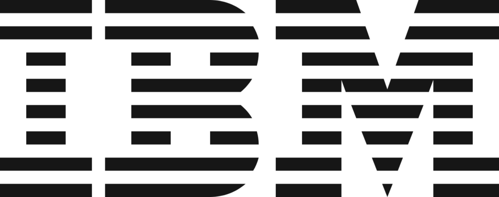 Black IBM logo with horizontal stripes on a white background.