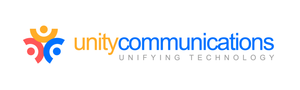 Logo for Unity Communications featuring abstract human figures in red, yellow, and blue beside the text "unitycommunications" and "Unifying Technology" below.