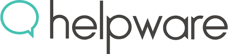 A logo featuring a turquoise chat bubble outline next to the word "helpware" in lowercase black letters.