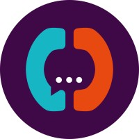 Stylized communication logo with a turquoise speech bubble on the left and an orange speech bubble on the right, featuring three white dots in the center, on a dark purple background.
