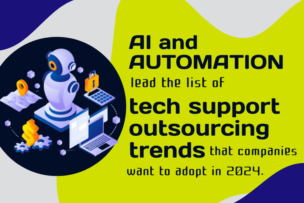 Illustration of AI and automation leading tech support outsourcing trends for 2024.