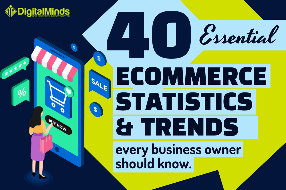 Graphic showing a woman shopping online with the text: "40 Essential Ecommerce Statistics & Trends every business owner should know.