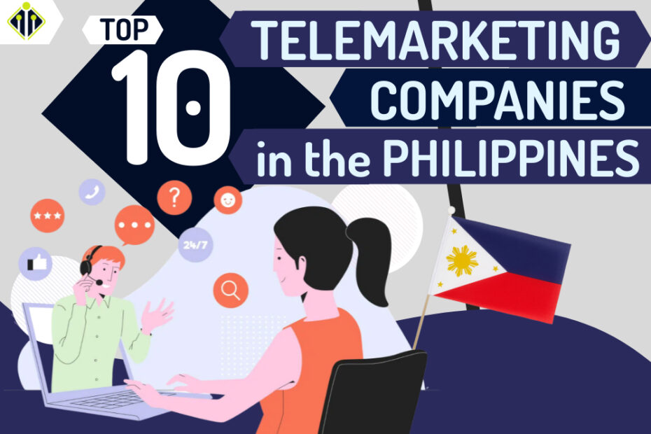 Illustration of two people in an office setting with a flag of the Philippines. Text reads, "Top 10 Telemarketing Companies in the Philippines.