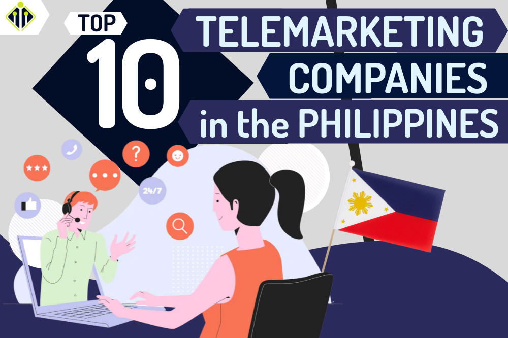 Illustration of two people in an office setting with a flag of the Philippines. Text reads, "Top 10 Telemarketing Companies in the Philippines.