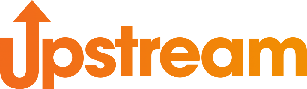 Orange text logo "Upstream" with an upward arrow as the "U".