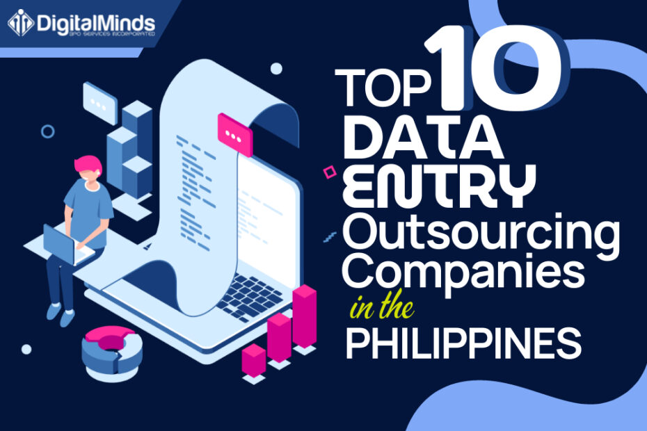 Illustration of a person working on a laptop with data sheets, next to the text "Top 10 Data Entry Outsourcing Companies in the Philippines" and the Digital Minds logo.