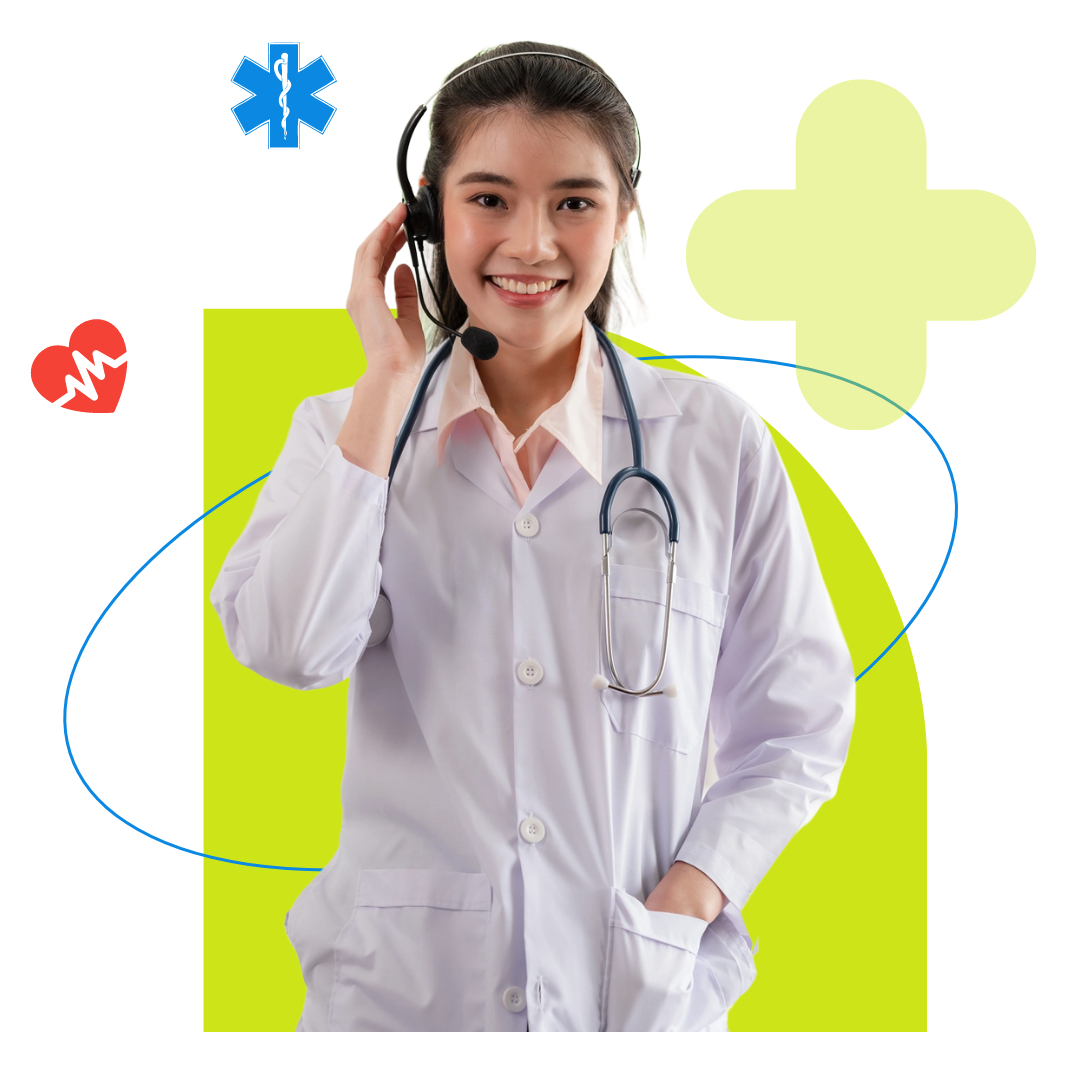 A female healthcare professional wearing a headset and stethoscope smiles, representing a virtual receptionist for medical practice, standing in front of medical icons and abstract shapes.
