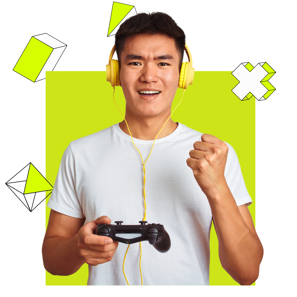 A young man wearing yellow headphones holds a game controller and raises his fist in victory, with geometric shapes and a green background—showcasing the excitement of gaming customer service.