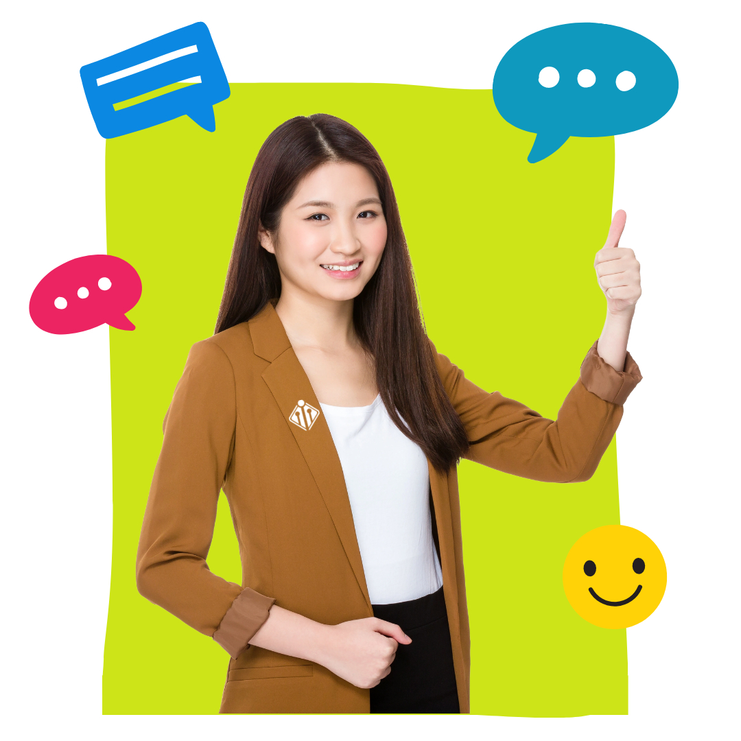Woman in a brown blazer giving a thumbs up, surrounded by colorful speech bubbles and a smiling face on a bright green background—perfectly capturing the ease of outsourcing in-app support for seamless customer interactions.