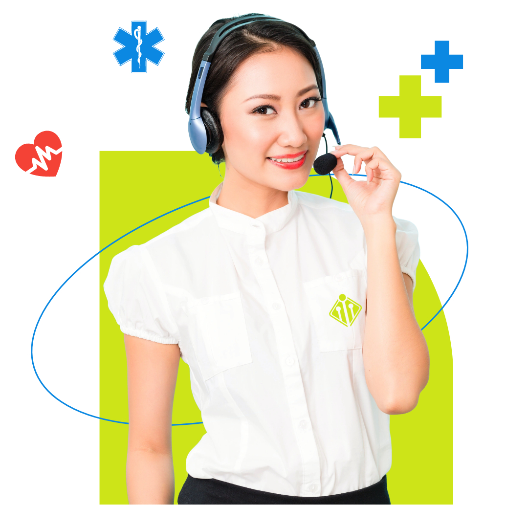 A woman wearing a headset and white shirt smiles at the camera. Medical icons including a heart, cross, and star of life are displayed in the background, highlighting the benefits of outsourcing medical billing services.