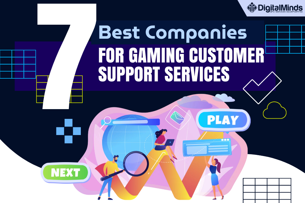 A promotional graphic for "7 Best Companies for Gaming Customer Support Services" featuring digital illustrations of people, screens, and buttons labeled "Play" and "Next.